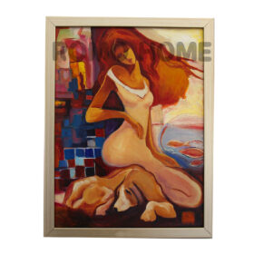 نقاشی دختر و سگ نشسته اکسپرسون قاب طلایی 30*40 کد 10360