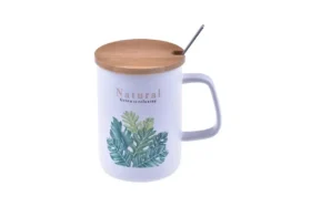 لیوان شیشه ای برگ با درب بامبو B1167