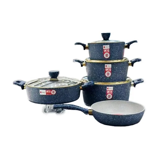 سرویس 9 پارچه قابلمه پیرسون ریوالد رنگ آبی نفتی/دون سفید-درب طلایی